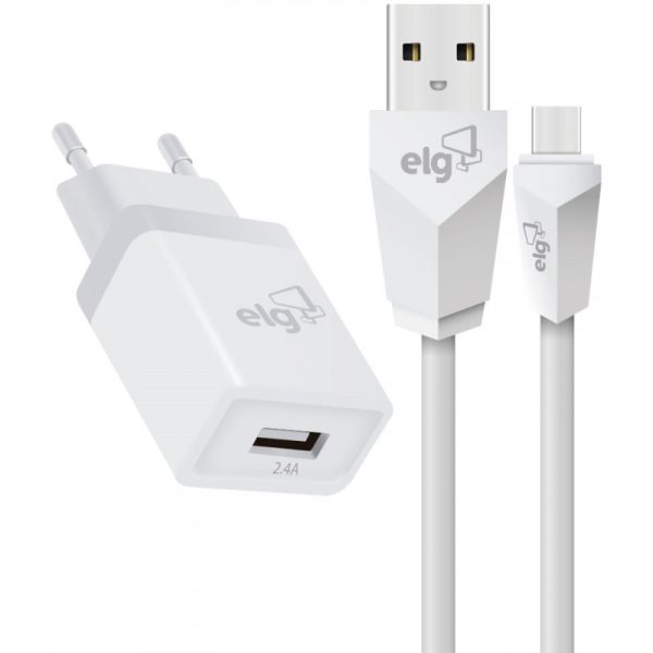 Carregador de parede ELG Kit USB Tipo-C 2.4A 5V Bivolt - Branco