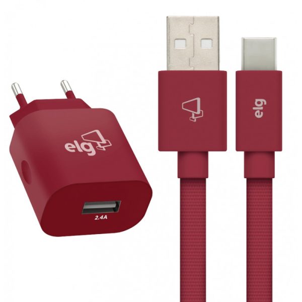 Carregador de parede ELG KTC10WCH 1x USB 5V 2.4A + Cabo USB-C (1 metro) Chocolate